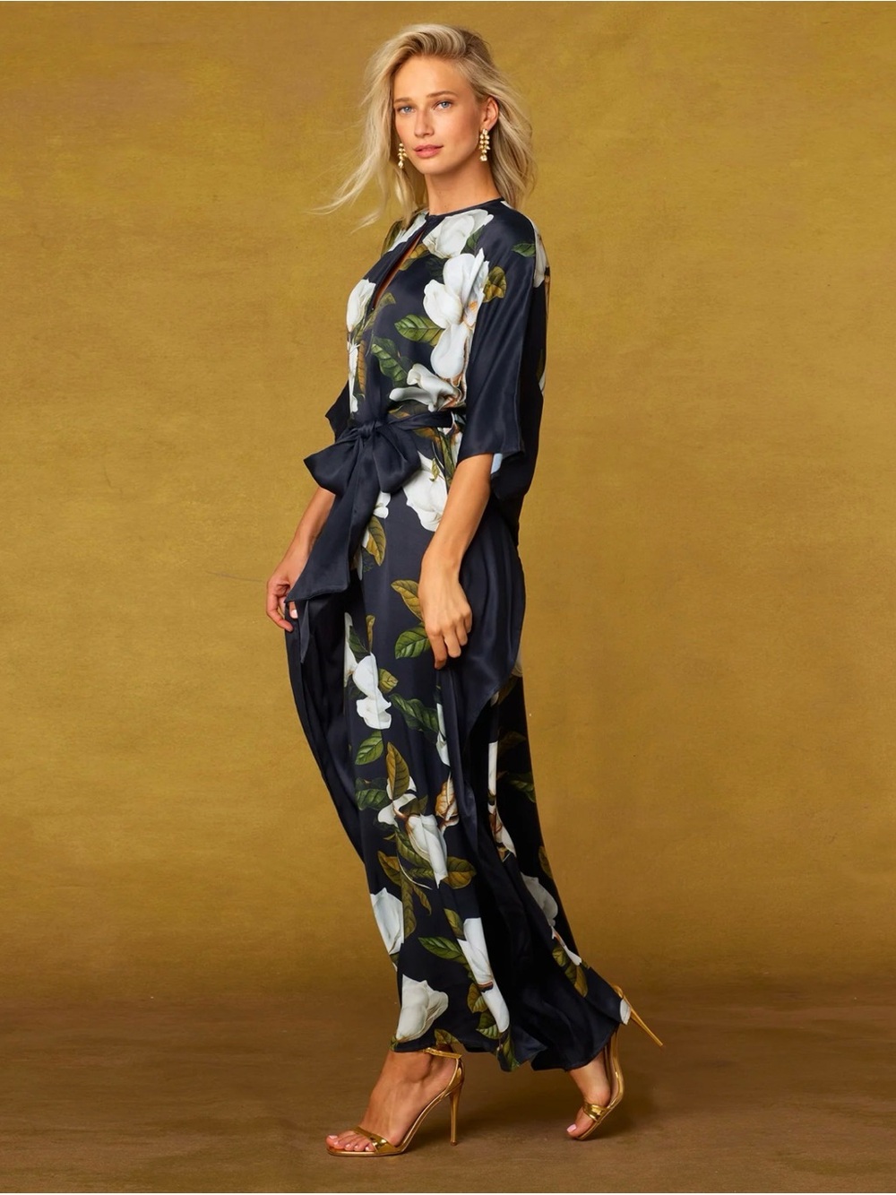NICOBLU • CAMELLIA BELTED SILK KAFTAN dress - medium navy floral vacation luxe - Picture 2 of 14